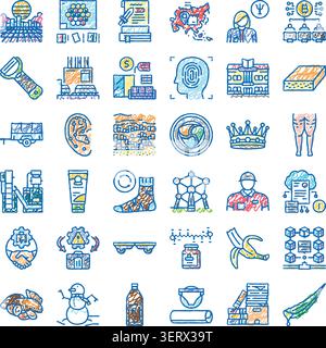 Sammlung von konzeptionellen und Lifestyle-Doodle-Ikonen, die verschiedene Themen aus Technologie, Gesundheitswesen und Alltag darstellen und ein vielfältiges Konzept veranschaulichen Stock Vektor