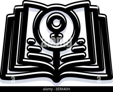 Offenes Buch mit einem prominenten weiblichen Symbol und Text, in dem Konzepte der Ermächtigung von Frauen, Bildung, Geschlechtergleichheit und des Verständnisses von femi veranschaulicht werden Stock Vektor