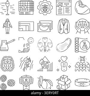 Sammlung verschiedener Liniensymbole, die verschiedene Konzepte wie Wirtschaft, Finanzen, Medizin, Bildung, Technologie, Essen und abstraktes Symbol Stock Vektor