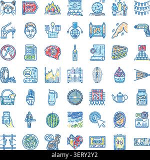Set handgezeichneter Symbole im Scribble-Stil, die verschiedene Themen und Konzepte aus Wirtschaft, Natur, Gesundheitswesen, Bildung, Technologie, und jeden Tag Stock Vektor