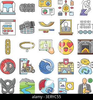 Verschiedene digitale Symbole, die Elemente wie Netzwerke, Sicherheit, Bereitstellung, Finanzaustausch, genetischer Code, künstliche Intelligenz und Mensch Stock Vektor