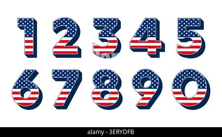 Zahlen gefüllt mit amerikanischem Flaggenmuster und mit Blockschatten. Zehn Zahlen mit Sternen und Streifen in Rot, weiß und Blau. Stockfoto