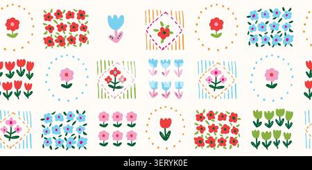 Nahtloses Patchwork-Blumenmuster mit rosa, blauen, roten und grünen Blumen in sich wiederholenden Quadraten auf hellem Hintergrund, stilvolles feminines Frühlings- und Sommerdesign für Mädchen Stoff, trendige Textilien, Tapeten, Geschenkpapier und süßes saisonales Dekor. Vektorabbildung Stock Vektor