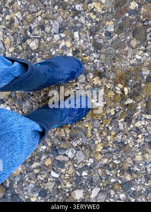 Person mit blauen Regenstiefeln, die in einem flachen Bach mit Kieselboden steht. Stockfoto