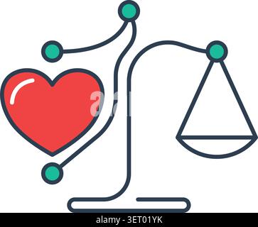 Minimalistisches Symbol eines Herzens, das mit einer Balance-Skala verbunden ist und emotionale Harmonie, Beziehungsstabilität und Lebensbalance symbolisiert. Stock Vektor