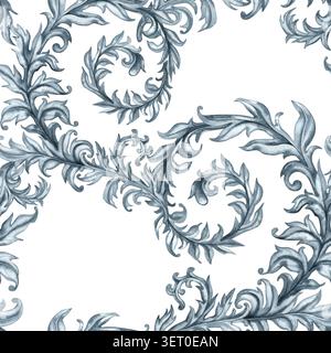 Elegantes, nahtloses Aquarellmuster mit ornamentalen, botanischen Blättern im Wedgwood-Stil. Dekoratives Vintage-Design für Tapeten, Stoff, Verpackung Stockfoto