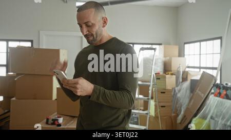 Mann überprüft Smartphone, Faustpumpen neben gestapelten Kartonschachteln und Leiter in einem Gebäude; Erleichterung Neuanfang. Stockfoto