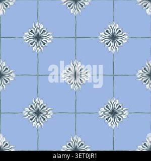 Raffiniertes nahtloses Muster mit Fliesen in Aquarellen mit ornamentalen Blumenmedaillons und geometrischer Struktur. Perfekt für Tapeten, luxuriöses Schreibwaren und Textilien Stockfoto