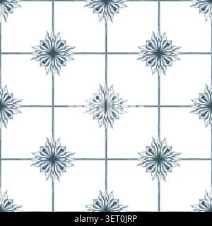 Raffiniertes nahtloses Muster mit Fliesen in Aquarellen mit ornamentalen Blumenmedaillons und geometrischer Struktur. Perfekt für Tapeten, luxuriöses Schreibwaren und Textilien Stockfoto