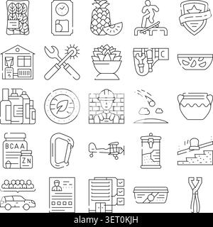 Verschiedene Symbole in Schwarz und weiß, die verschiedene Konzepte, einschließlich Sport, darstellen. Essen. Konstruktion. Werkzeuge. Industrie. Gesundheit. Natur. Reisen. Und Stock Vektor