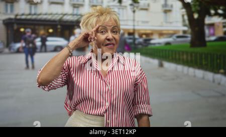 Ältere Frau, die Koffer hält und auf den Gebäudeeingang zeigt, während sie in der Nähe von Treppen und Geländern steht; ruhige Reflexion. Stockfoto