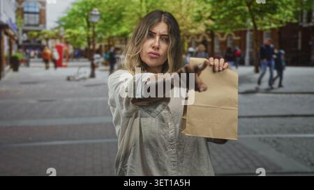 Eine Frau, die eine Papiertüte hält, zeigt den Finger auf einer belebten Straße mit einem angespannten Gesicht und einem ausgedehnten Finger nach vorne; eine durchsetzungsfähige Forderung. Stockfoto