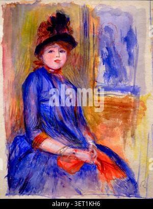 Frankreich, Paris (75), Musée d'Orsay, Renoir and Love Ausstellung, Junge Frau in einem blauen Kleid, Pierre-Auguste Renoir, Aquarell, 1885 Stockfoto