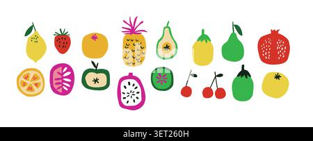 Clipart aus tropischen Früchten mit Kirsche, Kiwi, Guave, Papaya, Zitrone, Erdbeere, Orange, Ananas, Birne, Granatapfel, und exotische Beeren auf weißem Hintergrund, farbenfrohe skandinavisch inspirierte Kollektion für Collage-Design, Aufkleber, Scrapbook-Projekte, Poster, Grußkarten, Einrichtung in der Küche und verspielte Sommergrafiken. Vektorabbildung Stock Vektor