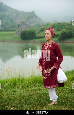 Frau, die in einem Yoga-Baum steht, posiert an einem ruhigen See, findet Gleichgewicht und Gelassenheit in der Natur, verbindet sich mit Geist und Körper während einer nebeligen Outdoor-Sitzung Stockfoto