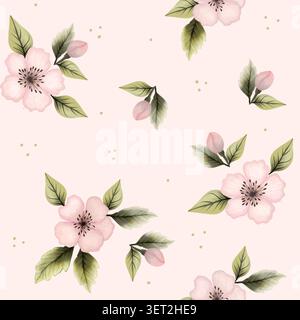 Weiches rosa Aquarell nahtloses Blumenmuster mit grünen Blättern auf rotem Hintergrund Stockfoto