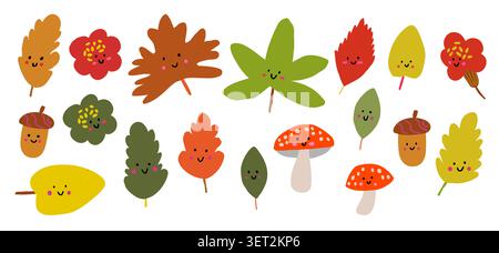 Niedliches Herbstblatt-Clipart-Set mit lächelnden Herbstblättern, Eicheln, Pilzen und Blumen im skandinavischen Stil, verspielte Sammlung für Kinderbasteln, Kinderzimmer-Dekor, Lehrmaterialien, Aufkleber, Grußkarten, Scrapbook-Projekte, Unterrichtsmaterialien und saisonales Kinderdesign. Vektorabbildung Stock Vektor