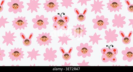 Nahtloses Kawaii-Ausschnittmuster mit rosa Blumen, Sternen, Schmetterlingen, Hasengesichtern und verspielten skandinavischen Formen auf weißem Hintergrund, weiches pastellfarbenes Wiederholungsdesign für Kinderstoff, Kinderzimmer-Tapeten, Babytextilien, Geschenkpapier, Scrapbook-Papier, und süßes, modernes Kinderdekor. Vektorabbildung Stock Vektor