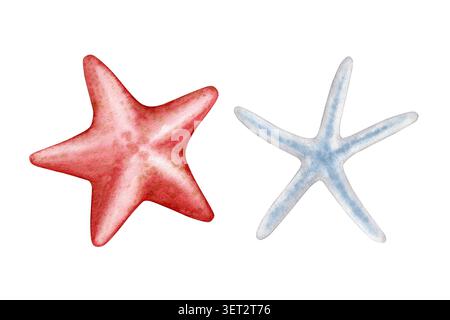 Aquarell-Illustration Set aus zwei Seesternen rot und blau isoliert auf weiß. Handgezeichnete Marine Clipart Elemente für Sommerurlaub Projekte, Strand Stockfoto