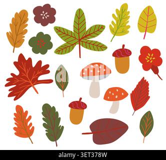 Herbstclipart mit Herbstblättern, Pilzen, Eicheln und Blumen im trendigen skandinavischen Cutout-Stil, warme saisonale Kollektion für Aufkleber, Collagen, Scrapbooking, Planer, Grußkarten, Poster, Branding, Verpackung und moderne kreative Herbstprojekte. Vektorabbildung Stock Vektor