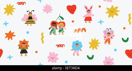Nahtloses skandinavisches Karneval Kindermuster mit Kirsche, Hase, Biene, Schmetterling, Blume, und Star-Kostümfiguren gemischt mit abstrakten Herzen und Blumen auf weißem Hintergrund, luftiges, verspieltes Wiederholungsdesign für Kinderstoffe, Kinderzimmer-Tapeten, Babytextilien, Geschenkpapier, Scrapbook-Papier, und fröhliches Kinderdekor. Vektorabbildung Stock Vektor