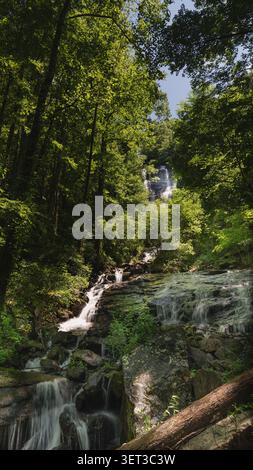 Bei den Amicalola Falls, dem höchsten Wasserfall in Georgien, stürzt eine mehrstufige Kaskade durch dichten, sonnendurchfluteten Wald Stockfoto