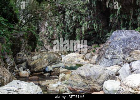 Der Fluss Sanzhanxi im Taroko Gorge National Park, Taiwan. Große Felsbrocken und Felsen am Bach. Üppig grüner Wald und Bergklippen. Stockfoto