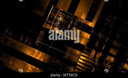 Das digitale Bildmaterial zeigt verschiedene geometrische Formen und Muster in goldenen Tönen vor dunklem Hintergrund. Linien und Formen erzeugen ein Gefühl von Tiefe und Bewegung Stockfoto