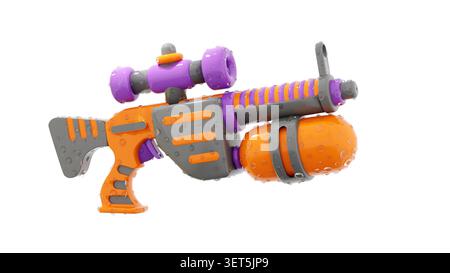 Helles buntes Wasserstrahler-Spielzeug bedeckt mit realistischen Wassertropfen, isoliert auf weißem Hintergrund. Hochwertiges 3D-Rendering mit verspieltem Sommer Stockfoto