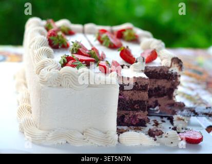 Schokoladenkuchen mit Buttercreme und Erdbeerstückchen auf einem Tisch in der Natur schneiden Stockfoto
