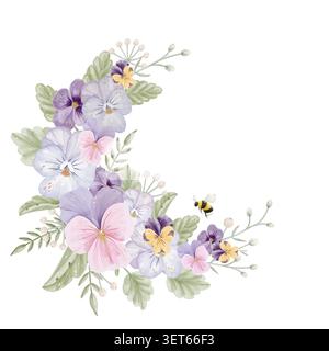 Aquarellsichel-Bouquet von Bratschenblüten, Blättern und Beeren Stockfoto