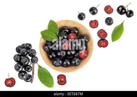 Apfelbeere mit Blatt in einer Holzschale isoliert auf weißem Hintergrund. Schwarze Aronia. Draufsicht. Flache Lagen Stockfoto