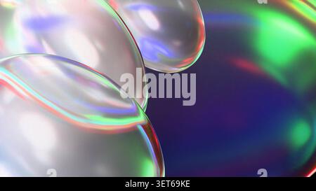 Abstrakter Glasmorphismus Hintergrund mit glänzenden, flüssigen Glasformen über einem dunkelvioletten und grünen Farbverlauf. Der strukturierte Rauscheffekt sorgt für ein atemberaubendes c Stockfoto