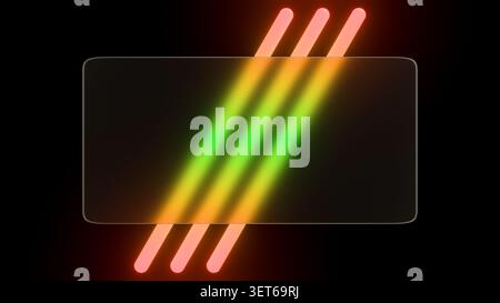 Moderner glasmorphischer Hintergrund mit leuchtenden Gradientenlinien hinter Milchglas. Leuchtende orangefarbene und grüne Neonstreifen sorgen für einen futuristischen Look Stockfoto
