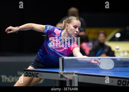 Voller Kšrpereinsatz bei den LOTTO ThŸringen TT-Finals 2026 in Erfurt: Die deutsche Nationalspielerin Annett Kaufmann (SV DJK Kolbermoor) lehnt sich i Stockfoto