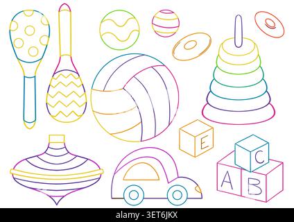 Buntes Set aus Spielzeugen für Kinder, Maracas, Stapelmaschinen, Buchstabenwürfeln und Kugeln. Farbige Umrissvektor-Illustration, perfekt für Vorschulaktivitäten, Kindergarten Stock Vektor