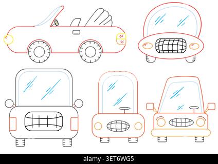 Charakterillustrationsset von niedlichen Cartoon-Autos mit lustigen Gesichtern, leuchtenden blauen und rosa Farben, farbigen Umrissvektor-Design für Kinder und Automobil- Stock Vektor