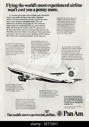 1973 Pan American World Airways (Pan Am)-Werbeanzeige, die ihre ikonische Boeing-747-Flotte bewirbt. Stockfoto