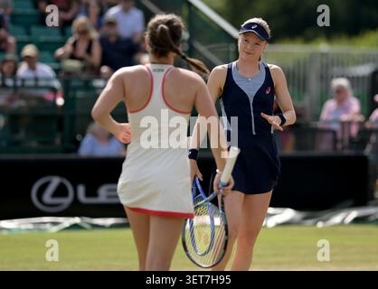 Harriet Dart (rechts) aus Großbritannien und Maia Lumsden (links) aus Großbritannien im Kampf gegen Shuko Aoyama aus Japan und Hao-Ching Chan aus Taiwan während des Doppelfinales der Frauen am siebten Tag der Lexus Nottingham Open im Lexus Nottingham Tennis Centre in Nottingham. Bilddatum: Sonntag, 21. Juni 2026. Stockfoto