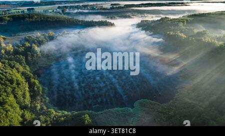 Nebel über dem See bei Sonnenaufgang im Herbst. Tierwelt in Polen. Stockfoto