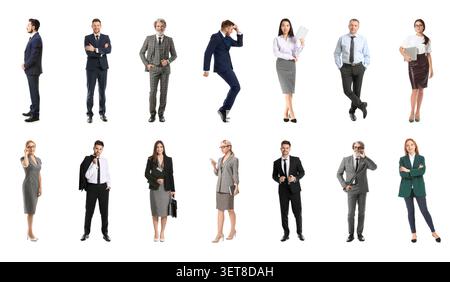 Verschiedene Geschäftsleute in formeller Kleidung geben selbstbewusst aus, isoliert auf weißem Hintergrund für Unternehmenskonzepte. Diese Gruppe umfasst Männer und W Stockfoto