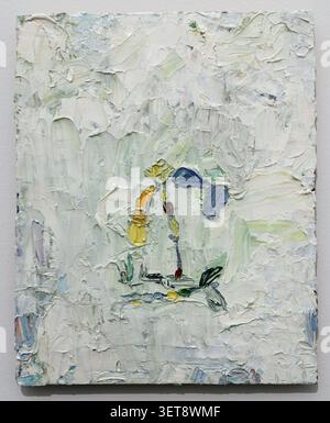 Ein abstraktes Ölgemälde auf Leinwand von Norbert Prangenberg mit dicker Impastostruktur, ausgestellt in der Pinakothek der Moderne in München. Stockfoto