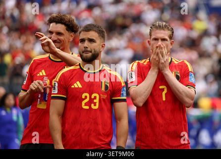 Los Angeles, USA. Juni 2026. Belgische Spieler reagieren auf ein Spiel der Gruppe G zwischen Belgien und dem Iran bei der FIFA Fussball-Weltmeisterschaft 2026 im Los Angeles Stadium in Los Angeles, USA, 21. Juni 2026. Quelle: Bai Xuefei/Xinhua/Alamy Live News Stockfoto