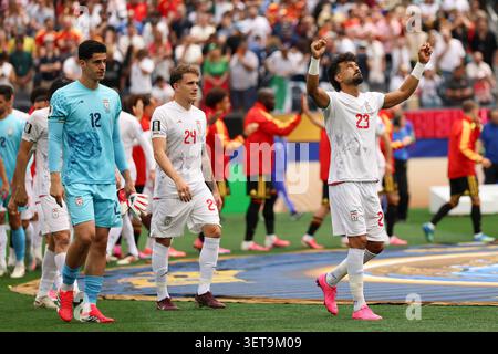 Los Angeles, USA. Juni 2026. Spieler aus Iran reagieren auf ein Spiel der Gruppe G zwischen Belgien und dem Iran bei der FIFA Fussball-Weltmeisterschaft 2026 im Los Angeles Stadium in Los Angeles, USA, 21. Juni 2026. Quelle: Bai Xuefei/Xinhua/Alamy Live News Stockfoto