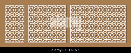 Sammlung schablonierter lasergeschnittener Platten. Abstrakte geometrische Muster mit Kreisen, Linien, Halbtoneffekt, Verlauf, Gitter. Dekorative Schablone für las Stock Vektor