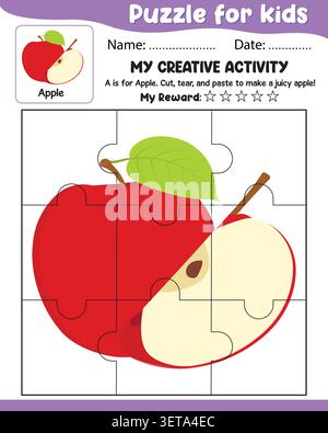 Puzzle für Kinder mit Apple Referenz, Namensdatum, meine Belohnung Tränen schneiden und Vektor einfügen Stock Vektor