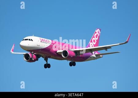 PEACH Airbus A320-200 (JA824P) Passagierflugzeug bei Endanflug zum internationalen Flughafen Narita Stockfoto