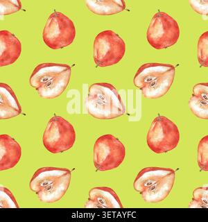 Nahtloses Muster mit handgezeichneten Aquarellbirnen auf hellem Limettenhintergrund. Dekorativer Lebensmitteldruck mit reifer Frucht. Gesunde Bio-Lebensmittel Tapete und Textildesign. Stockfoto