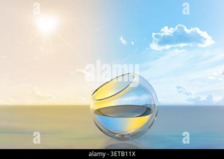 Transparente Glaskugel am sonnigen Horizont mit blauem Himmel und Wasser für minimalen Wellness-Hintergrund Stockfoto