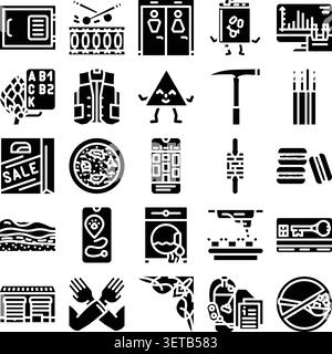 Eine vielfältige Sammlung detaillierter Glyphen-Symbole, die verschiedene Konzepte wie Technologie, Werkzeuge, Lebensmittel, Finanzen und tägliche Aktivitäten veranschaulichen Stock Vektor